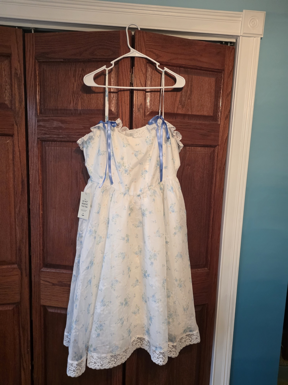 JessaKae White Floral Dress with Blue Ribbon Straps
